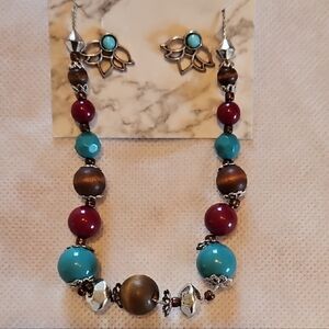 Silver, Turquoise, and Red Beaded Necklace and Earring Set